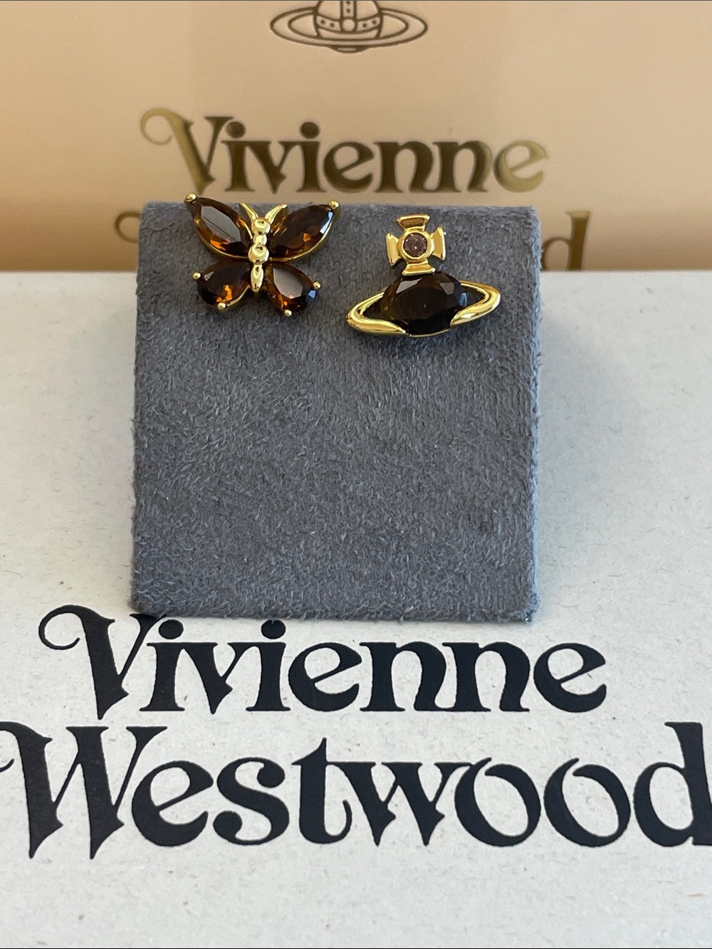 Vivienne Westwood Gold Tone Butterfly & Orb Stud Earrings with Brown Crystals